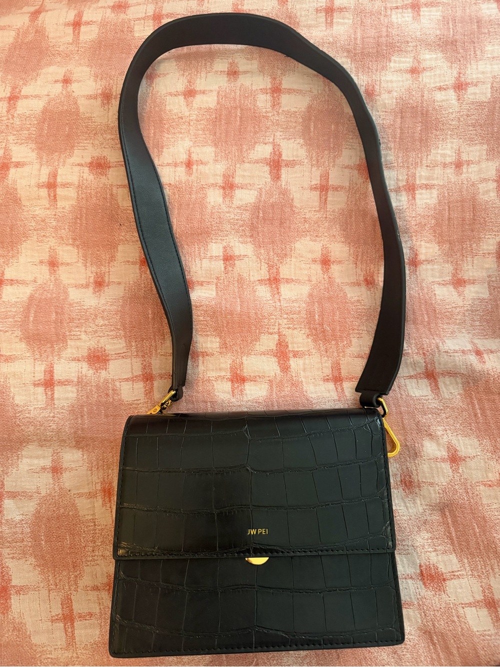 JW PEI Black Croc-Embossed Shoulder Bag with Gold Hardware